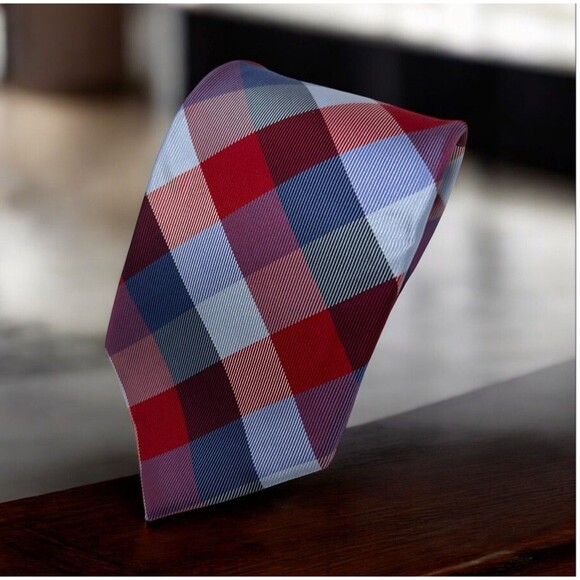 Tommy Hilfiger 100% Silk  Neck Tie Red Blue Plaid Check Pattern  57.75" x 3" - Picture 1 of 5